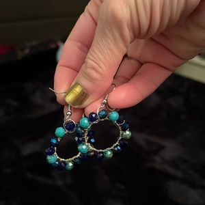 Hoop handmade earrings, three shades of sparkly blue beads and wire wrapped